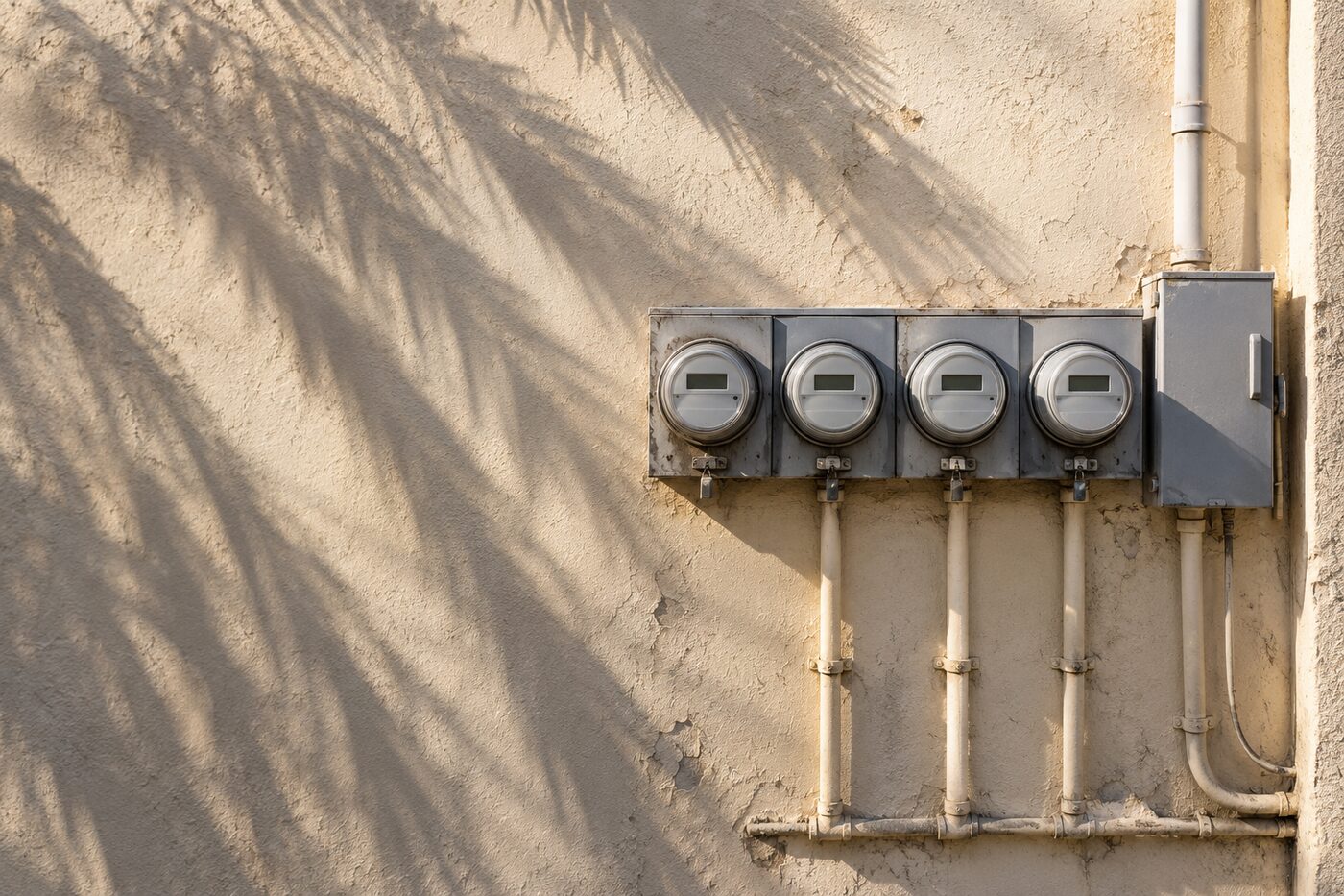 A bank of commercial electric meters on a stucco wall in late afternoon light